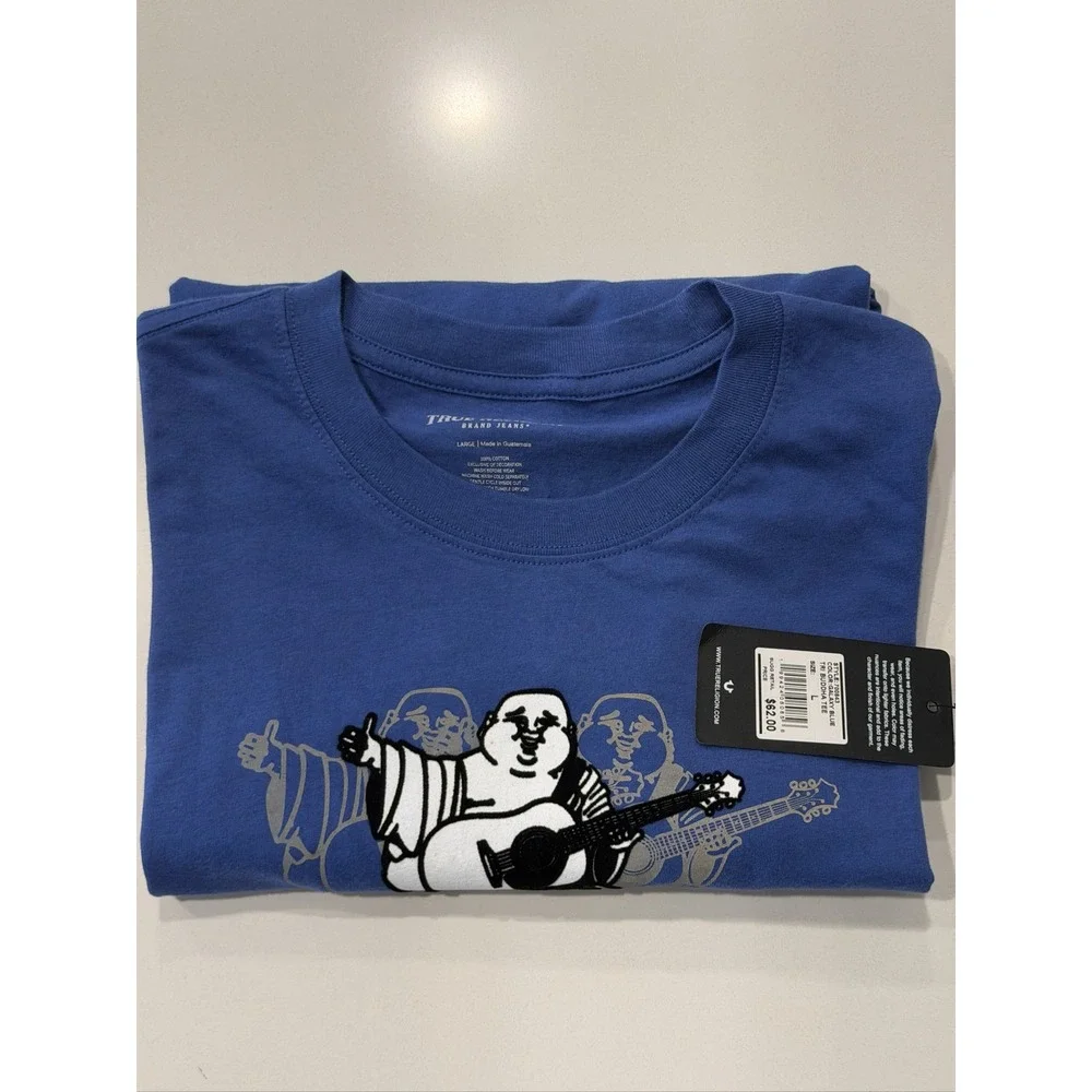 True Religion Tri Buddha Tee T-Shirt Mens L Galaxy Blue Distressed 700843